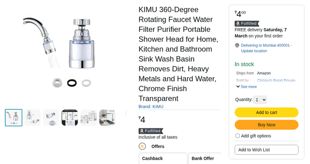 KIMU 360-Degree Rotating Faucet Water Filter Purifier Portable Shower Head for Home, Kitchen and Bathroom Sink Wash Basin Removes Dirt, Heavy Metals and Hard Water, Chrome Finish Transparent