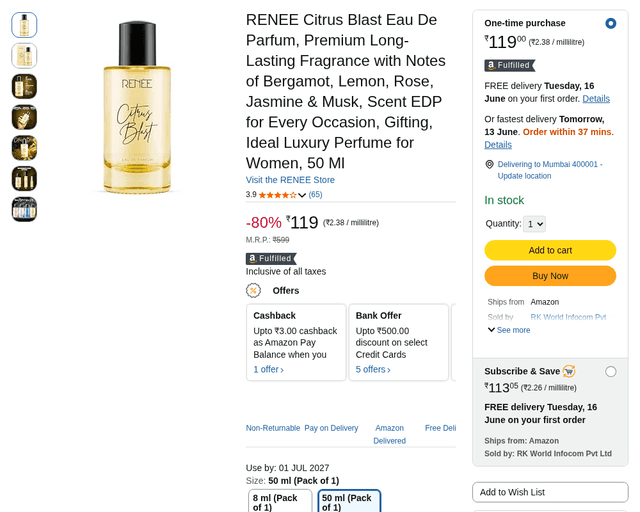 RENEE Citrus Blast Eau De Parfum, Premium Long-Lasting Fragrance with Notes of Bergamot, Lemon, Rose, Jasmine & Musk, Scent EDP for Every Occasion, Gifting, Ideal Luxury Perfume for Women, 50 Ml