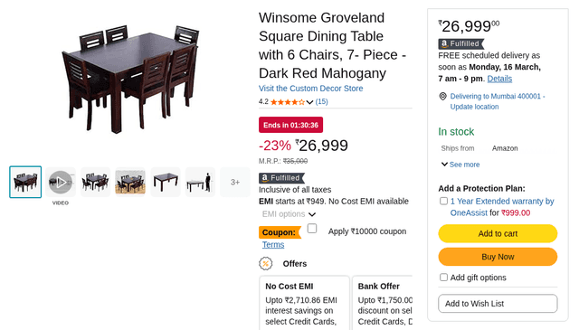 Winsome Groveland Square Dining Table with 6 Chairs, 7- Piece -Dark Red Mahogany