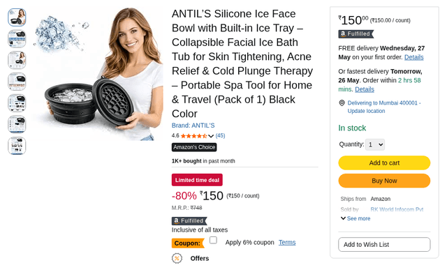 ANTIL’S Silicone Ice Face Bowl with Built-in Ice Tray – Collapsible Facial Ice Bath Tub for Skin Tightening, Acne Relief & Cold Plunge Therapy – Portable Spa Tool for Home & Travel (Pack of 1) Black Color
