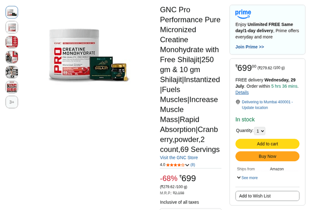 GNC Pro Performance Pure Micronized Creatine Monohydrate with Free Shilajit|250 gm & 10 gm Shilajit|Instantized|Fuels Muscles|Increase Muscle Mass|Rapid Absorption|Cranberry,powder,2 count,69 Servings