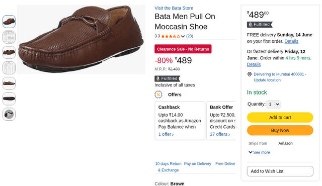 Bata Men Pull On Moccasin Shoe