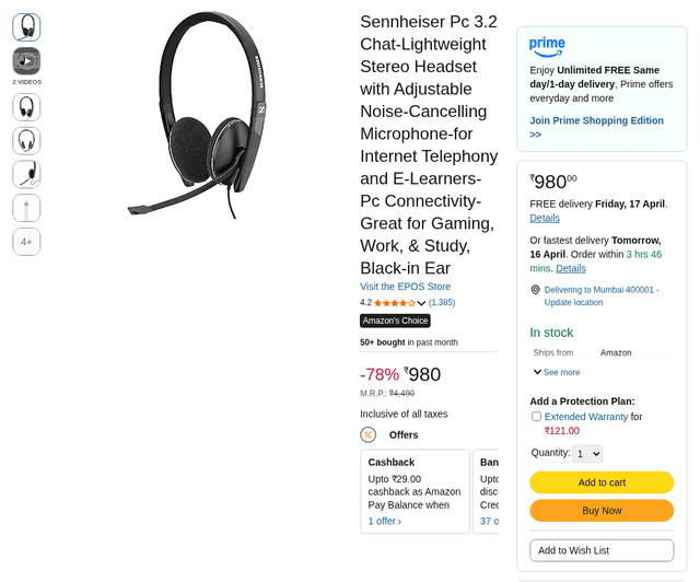 Sennheiser Pc 3.2 Chat-Lightweight Stereo Headset with Adjustable Noise-Cancelling Microphone-for Internet Telephony and E-Learners-Pc Connectivity- Great for Gaming, Work, & Study, Black-in Ear