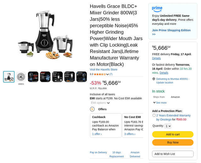 Havells Grace BLDC+ Mixer Grinder 800W|3 Jars|50% less perceptible Noise|45% Higher Grinding Power|Wider Mouth Jars with Clip Locking|Leak Resistant Jars|Lifetime Manufacturer Warranty on Motor(Black)