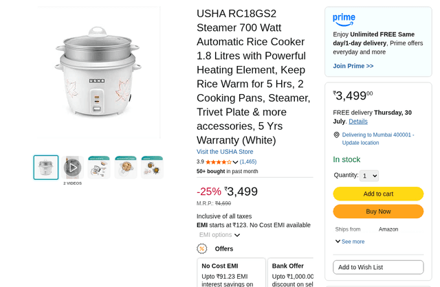 USHA RC18GS2 Steamer 700 Watt Automatic Rice Cooker 1.8 Litres with Powerful Heating Element, Keep Rice Warm for 5 Hrs, 2 Cooking Pans, Steamer, Trivet Plate & more accessories, 5 Yrs Warranty (White)