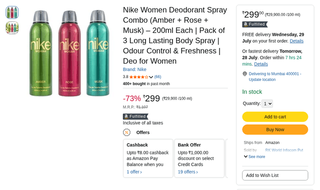 Nike Women Deodorant Spray Combo (Amber + Rose + Musk) – 200ml Each | Pack of 3 Long Lasting Body Spray | Odour Control & Freshness | Deo for Women