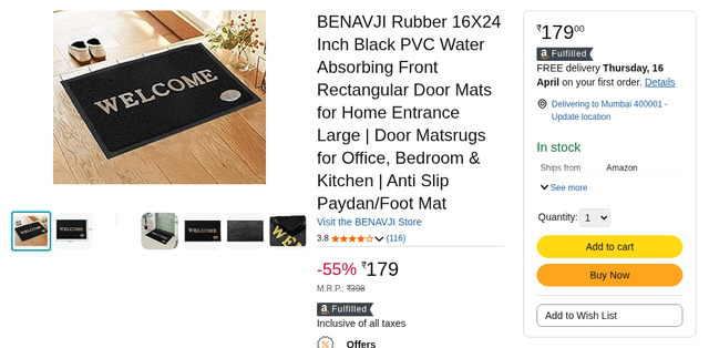 BENAVJI Rubber 16X24 Inch Black PVC Water Absorbing Front Rectangular Door Mats for Home Entrance Large | Door Matsrugs for Office, Bedroom & Kitchen | Anti Slip Paydan/Foot Mat