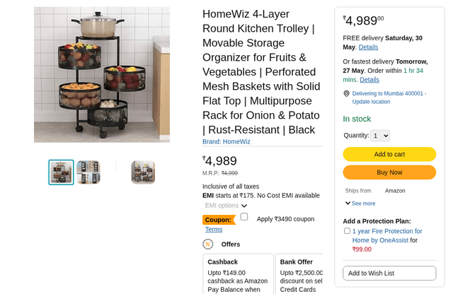 HomeWiz 4-Layer Round Kitchen Trolley | Movable Storage Organizer for Fruits & Vegetables | Perforated Mesh Baskets with Solid Flat Top | Multipurpose Rack for Onion & Potato | Rust-Resistant | Black