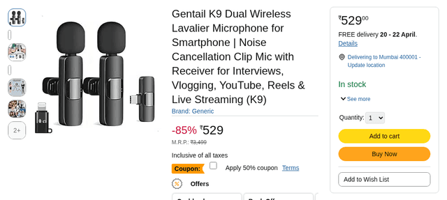 Gentail K9 Dual Wireless Lavalier Microphone for Smartphone | Noise Cancellation Clip Mic with Receiver for Interviews, Vlogging, YouTube, Reels & Live Streaming (K9)