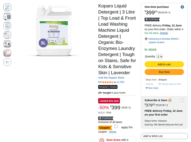 Koparo Liquid Detergent | 3 Litre | Top Load & Front Load Washing Machine Liquid Detergent | Organic Bio-Enzymes Laundry Detergent | Tough on Stains, Safe for Kids & Sensitive Skin | Lavender