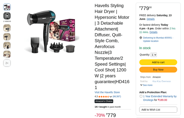 Havells Styling Hair Dryer | Hypersonic Motor | 3 Detachable Attachment| Diffuser, Quill-Style Comb, Aerofocus Nozzle|3 Temperature/2 Speed Settings| Cool Shot| 1200 W |2 years guarantee|HD4161