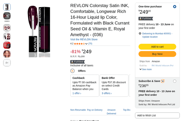 REVLON Colorstay Satin INK, Comfortable, Longwear Rich 16-Hour Liquid lip Color, Formulated with Black Currant Seed Oil & Vitamin E, Royal Amethyst - (036)