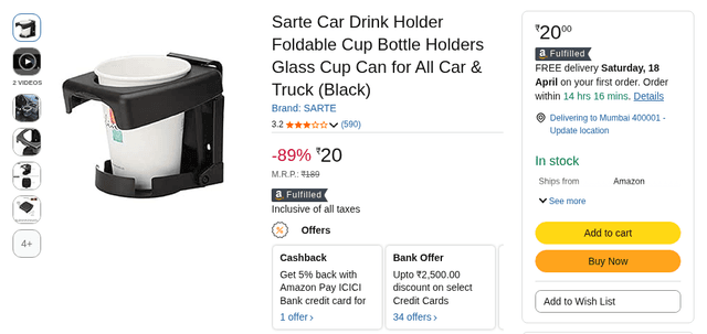 Sarte Car Drink Holder Foldable Cup Bottle Holders Glass Cup Can for All Car & Truck (Black)