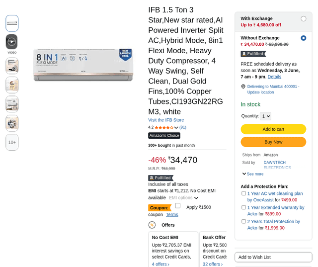 IFB 1.5 Ton 3 Star,New star rated,AI Powered Inverter Split AC,Hybrid Mode, 8in1 Flexi Mode, Heavy Duty Compressor, 4 Way Swing, Self Clean, Dual Gold Fins,100% Copper Tubes,CI193GN22RGM3, white
