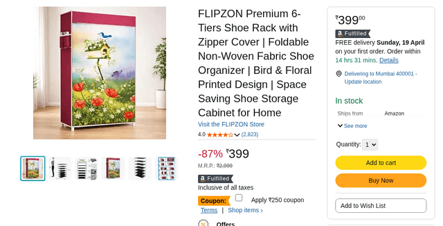 FLIPZON Premium 6-Tiers Shoe Rack with Zipper Cover | Foldable Non-Woven Fabric Shoe Organizer | Bird & Floral Printed Design | Space Saving Shoe Storage Cabinet for Home