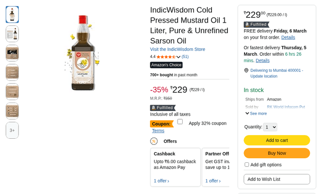 IndicWisdom Cold Pressed Mustard Oil 1 Liter, Pure & Unrefined Sarson Oil