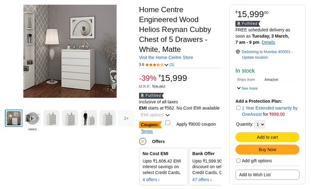 Home Centre Engineered Wood Helios Reynan Cubby Chest of 5 Drawers - White, Matte