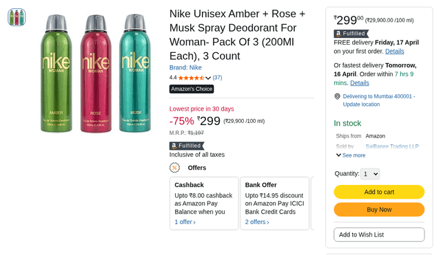 Nike Unisex Amber + Rose + Musk Spray Deodorant For Woman- Pack Of 3 (200Ml Each), 3 Count