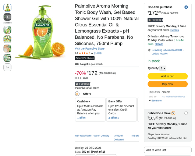 Palmolive Aroma Morning Tonic Body Wash, Gel Based Shower Gel with 100% Natural Citrus Essential Oil & Lemongrass Extracts - pH Balanced, No Parabens, No Silicones, 750ml Pump