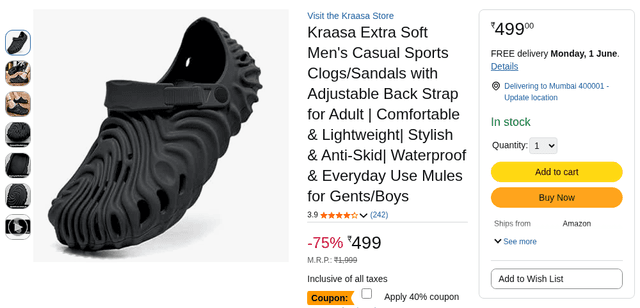 Kraasa Extra Soft Men's Casual Sports Clogs/Sandals with Adjustable Back Strap for Adult | Comfortable & Lightweight| Stylish & Anti-Skid| Waterproof & Everyday Use Mules for Gents/Boys