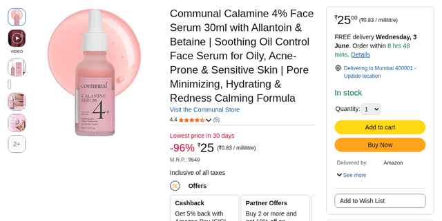 Communal Calamine 4% Face Serum 30ml with Allantoin & Betaine | Soothing Oil Control Face Serum for Oily, Acne-Prone & Sensitive Skin | Pore Minimizing, Hydrating & Redness Calming Formula