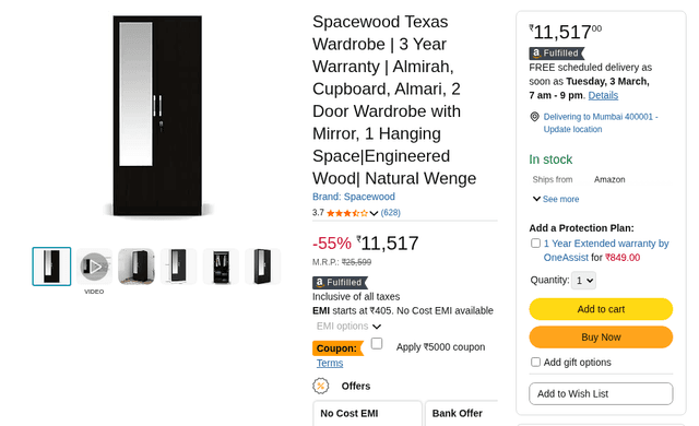 Spacewood Texas Wardrobe | 3 Year Warranty | Almirah, Cupboard, Almari, 2 Door Wardrobe with Mirror, 1 Hanging Space|Engineered Wood| Natural Wenge