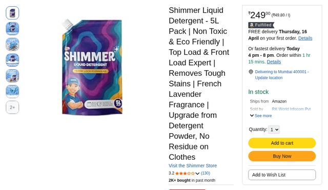 Shimmer Liquid Detergent - 5L Pack | Non Toxic & Eco Friendly | Top Load & Front Load Expert | Removes Tough Stains | French Lavender Fragrance | Upgrade from Detergent Powder, No Residue on Clothes