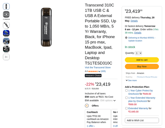 Transcend 310C 1TB USB C & USB A External Portable SSD, Up to 1,050 MB/s, 5 Yr Warranty, Black, for iPhone 15 pro max, MacBook, Ipad, Laptop and Desktop TS1TESD310C