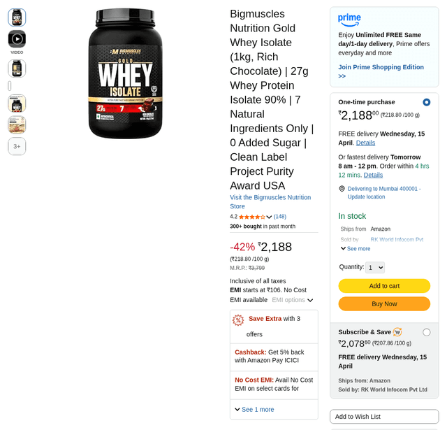 Bigmuscles Nutrition Gold Whey Isolate (1kg, Rich Chocolate) | 27g Whey Protein Isolate 90% | 7 Natural Ingredients Only | 0 Added Sugar | Clean Label Project Purity Award USA