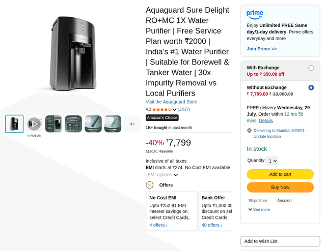Aquaguard Sure Delight RO+MC 1X Water Purifier | Free Service Plan worth ₹2000 | India’s #1 Water Purifier | Suitable for Borewell & Tanker Water | 30x Impurity Removal vs Local Purifiers