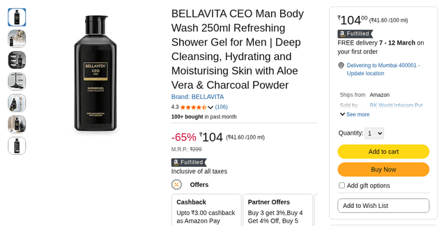 BELLAVITA CEO Man Body Wash 250ml Refreshing Shower Gel for Men | Deep Cleansing, Hydrating and Moisturising Skin with Aloe Vera & Charcoal Powder