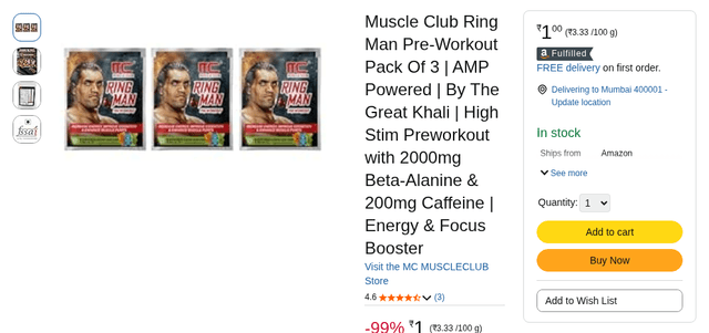 Muscle Club Ring Man Pre-Workout Pack Of 3 | AMP Powered | By The Great Khali | High Stim Preworkout with 2000mg Beta-Alanine & 200mg Caffeine | Energy & Focus Booster
