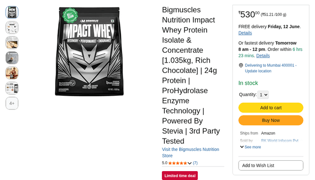 Bigmuscles Nutrition Impact Whey Protein Isolate & Concentrate [1.035kg, Rich Chocolate] | 24g Protein | ProHydrolase Enzyme Technology | Powered By Stevia | 3rd Party Tested