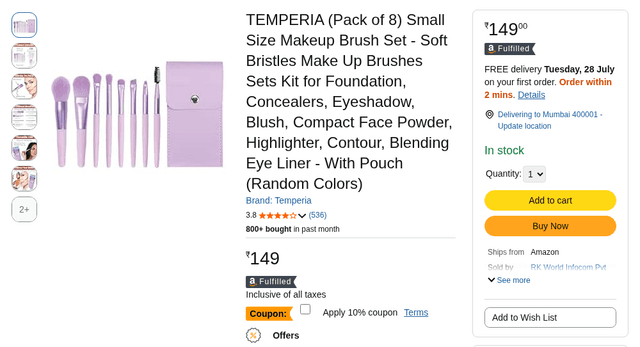 TEMPERIA (Pack of 8) Small Size Makeup Brush Set - Soft Bristles Make Up Brushes Sets Kit for Foundation, Concealers, Eyeshadow, Blush, Compact Face Powder, Highlighter, Contour, Blending Eye Liner - With Pouch (Random Colors)