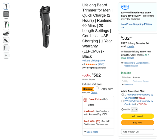Lifelong Beard Trimmer for Men | Quick Charge (2 Hours) | Runtime: 60 Mins | 20 Length Settings | Cordless | USB Charging | 1 Year Warranty (LLPCM07) - Black