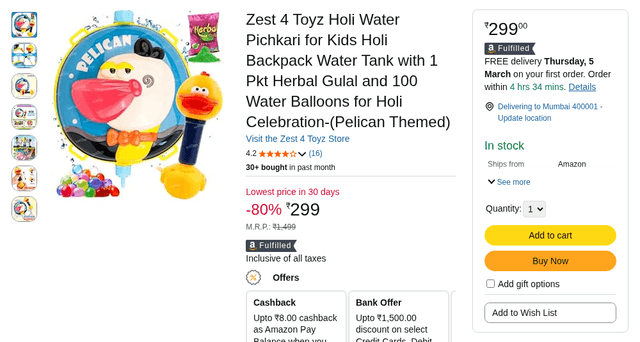 Zest 4 Toyz Holi Water Pichkari for Kids Holi Backpack Water Tank with 1 Pkt Herbal Gulal and 100 Water Balloons for Holi Celebration-(Pelican Themed)