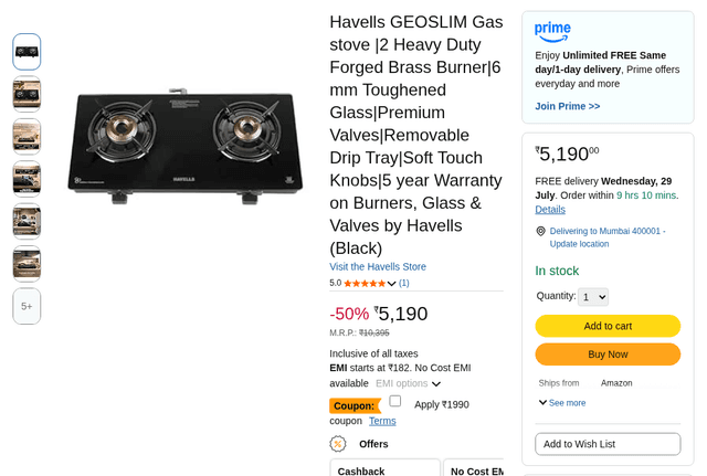 Havells GEOSLIM Gas stove |2 Heavy Duty Forged Brass Burner|6 mm Toughened Glass|Premium Valves|Removable Drip Tray|Soft Touch Knobs|5 year Warranty on Burners, Glass & Valves by Havells (Black)