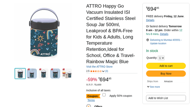 ATTRO Happy Go Vacuum Insulated ISI Certified Stainless Steel Soup Jar 500ml, Leakproof & BPA-Free for Kids & Adults, Long Temperature Retention,Ideal for School, Office & Travel-Rainbow Magic Blue