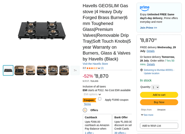 Havells GEOSLIM Gas stove |4 Heavy Duty Forged Brass Burner|6 mm Toughened Glass|Premium Valves|Removable Drip Tray|Soft Touch Knobs|5 year Warranty on Burners, Glass & Valves by Havells (Black)