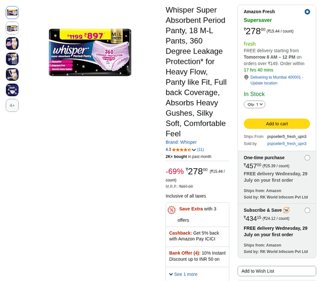 Whisper Super Absorbent Period Panty, 18 M-L Pants, 360 Degree Leakage Protection* for Heavy Flow, Panty like Fit, Full back Coverage, Absorbs Heavy Gushes, Silky Soft, Comfortable Feel