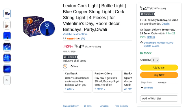 Lexton Cork Light | Bottle Light | Blue Copper String Light | Cork String Light | 4 Pieces | for Valentine's Day, Room décor, Birthdays, Party,Diwali