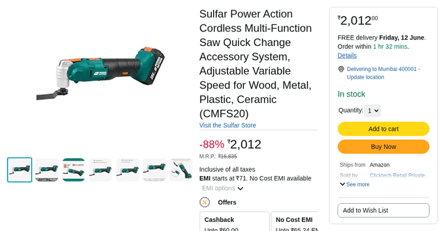 Sulfar Power Action Cordless Multi-Function Saw Quick Change Accessory System, Adjustable Variable Speed for Wood, Metal, Plastic, Ceramic (CMFS20)