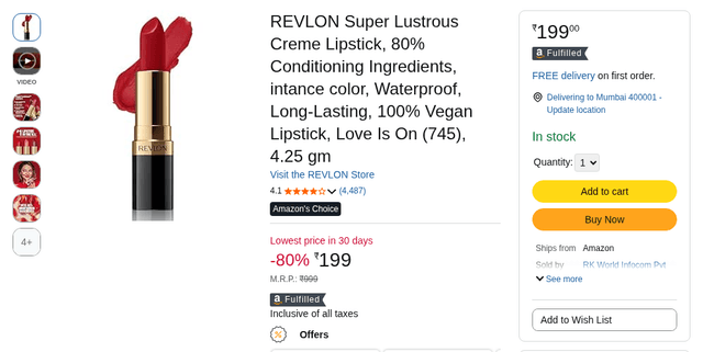 REVLON Super Lustrous Creme Lipstick, 80% Conditioning Ingredients, intance color, Waterproof, Long-Lasting, 100% Vegan Lipstick, Love Is On (745), 4.25 gm