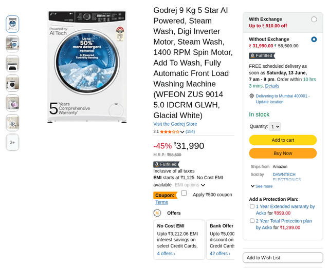 Godrej 9 Kg 5 Star AI Powered, Steam Wash, Digi Inverter Motor, Steam Wash, 1400 RPM Spin Motor, Add To Wash, Fully Automatic Front Load Washing Machine (WFEON ZUS 9014 5.0 IDCRM GLWH, Glacial White)