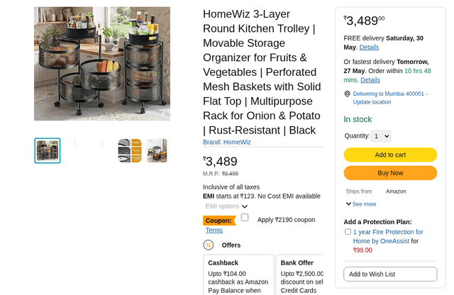 HomeWiz 3-Layer Round Kitchen Trolley | Movable Storage Organizer for Fruits & Vegetables | Perforated Mesh Baskets with Solid Flat Top | Multipurpose Rack for Onion & Potato | Rust-Resistant | Black