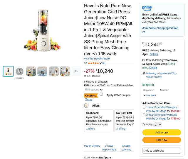 Havells Nutri Pure New Generation Cold Press Juicer|Low Noise DC Motor 105W,40 RPM|All-in-1 Fruit & Vegetable Juicer|Spiral Auger with SS Prong|Mesh Free filter for Easy Cleaning (Ivory) 105 watts
