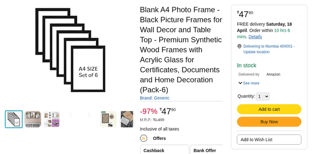 Blank A4 Photo Frame - Black Picture Frames for Wall Decor and Table Top - Premium Synthetic Wood Frames with Acrylic Glass for Certificates, Documents and Home Decoration (Pack-6)