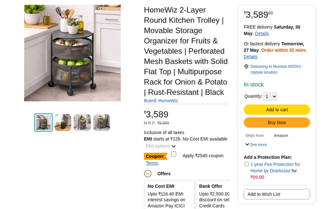 HomeWiz 2-Layer Round Kitchen Trolley | Movable Storage Organizer for Fruits & Vegetables | Perforated Mesh Baskets with Solid Flat Top | Multipurpose Rack for Onion & Potato | Rust-Resistant | Black