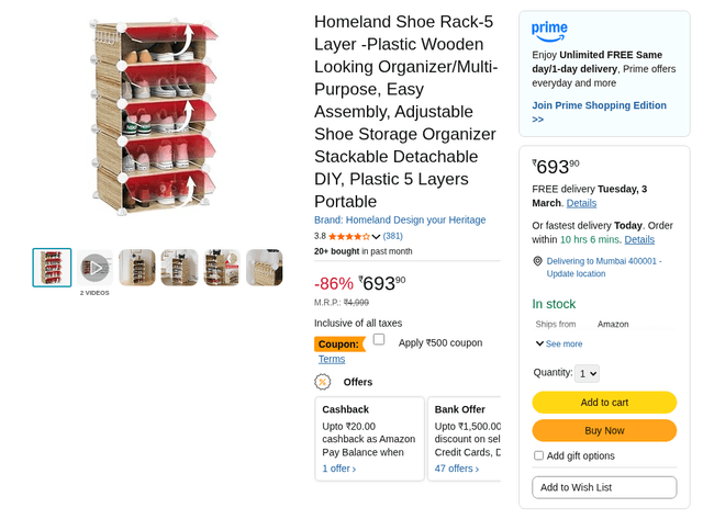 Homeland Shoe Rack-5 Layer -Plastic Wooden Looking Organizer/Multi-Purpose, Easy Assembly, Adjustable Shoe Storage Organizer Stackable Detachable DIY, Plastic 5 Layers Portable