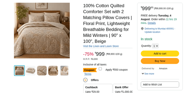 100% Cotton Quilted Comforter Set with 2 Matching Pillow Covers | Floral Print, Lightweight Breathable Bedding for Mild Winters | 90 x 100, Beige